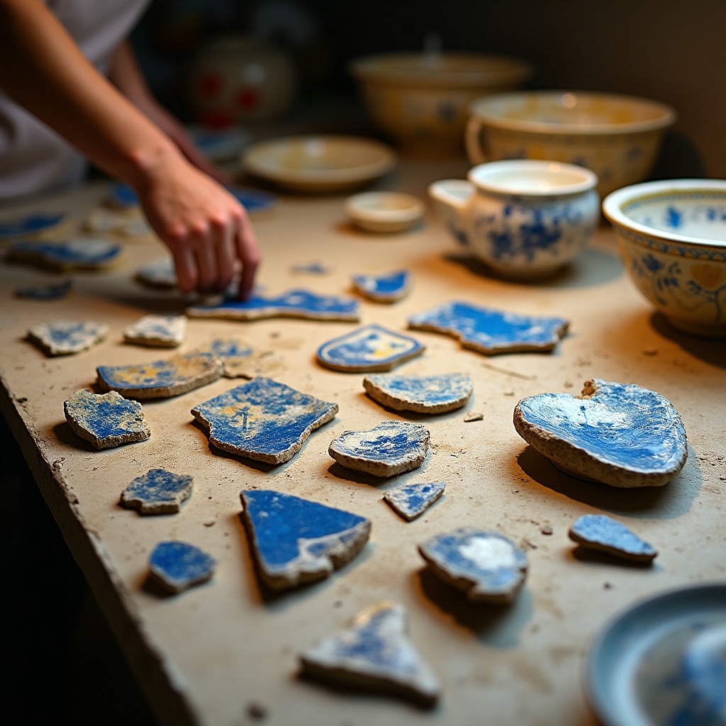Frammenti di maiolica italiana ricomposti e restaurati su tavolo da lavoro