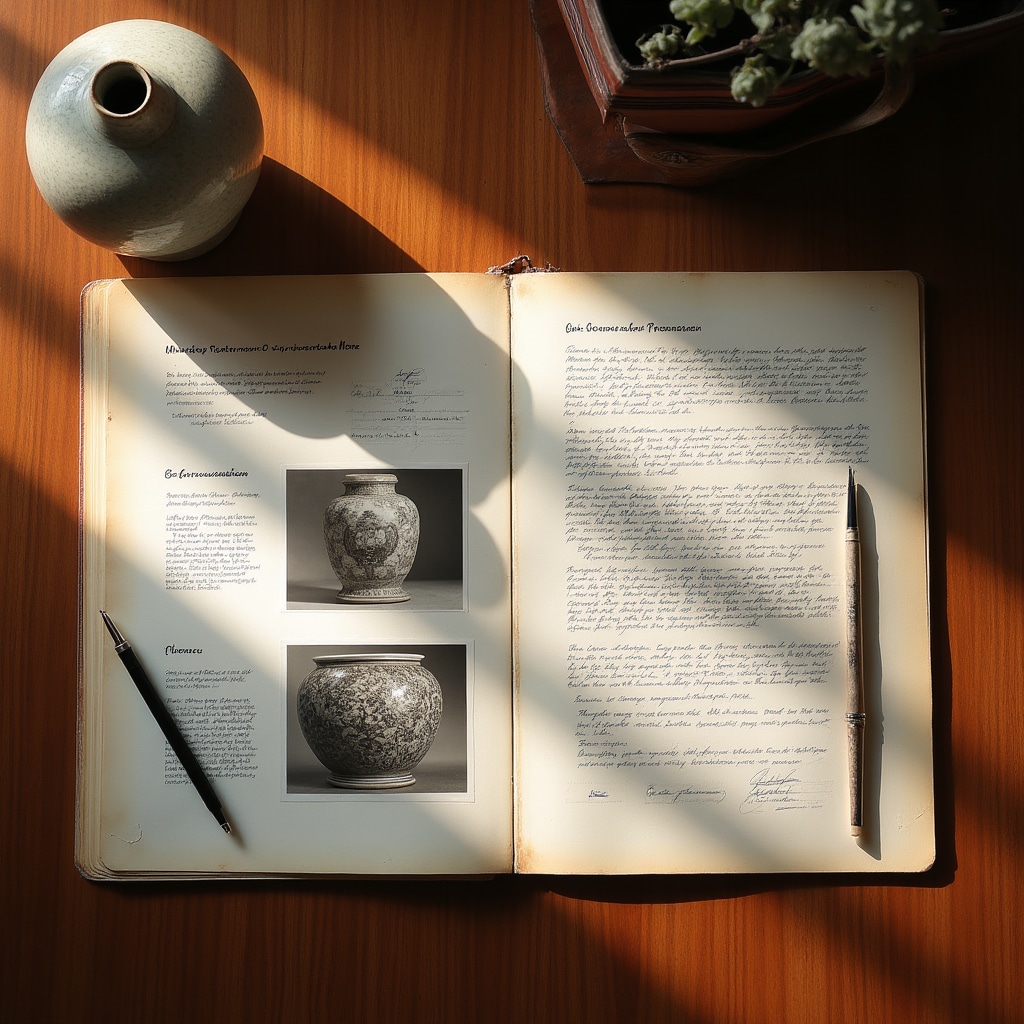 Scheda tecnica di restauro con fotografie prima e dopo appoggiate su tavolo, accanto a penna e oggetto restaurato