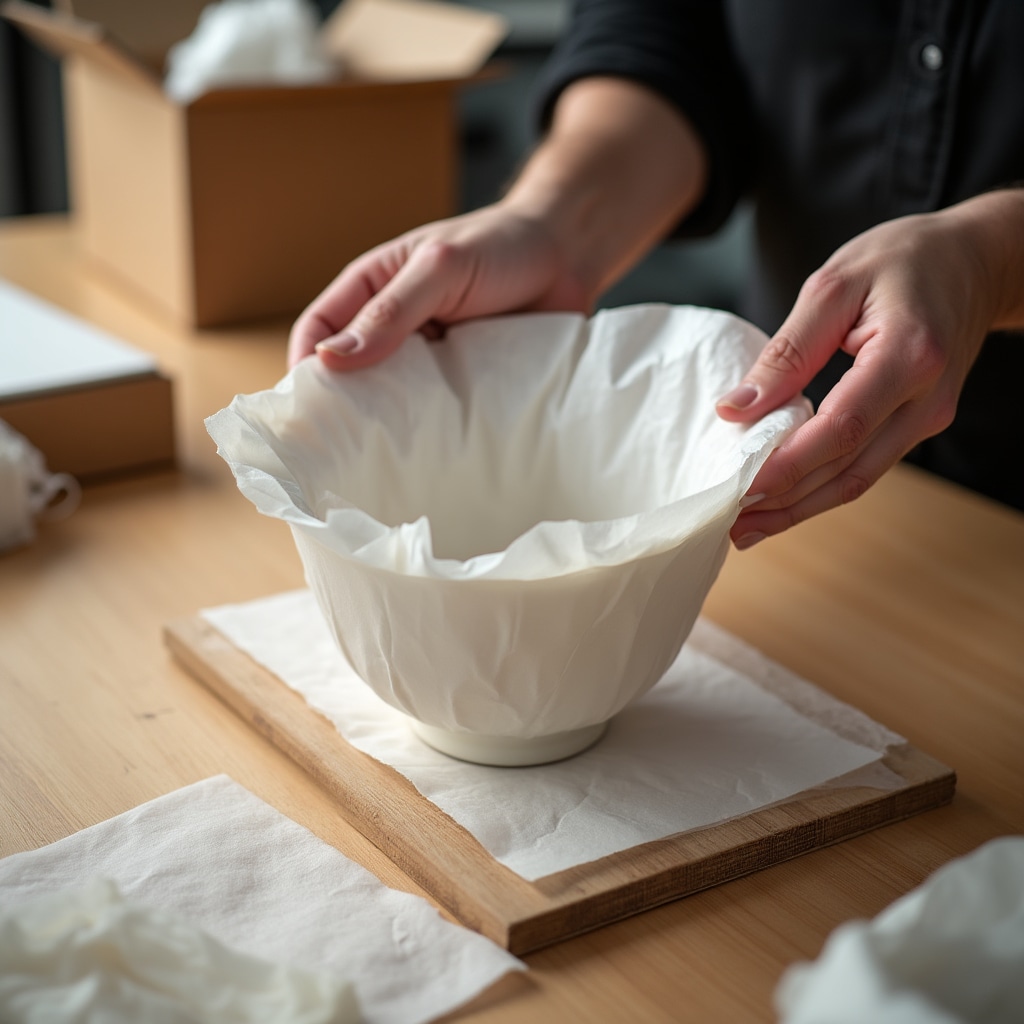 Mani che avvolgono con cura un vaso in ceramica in materiale ammortizzante bianco prima della spedizione