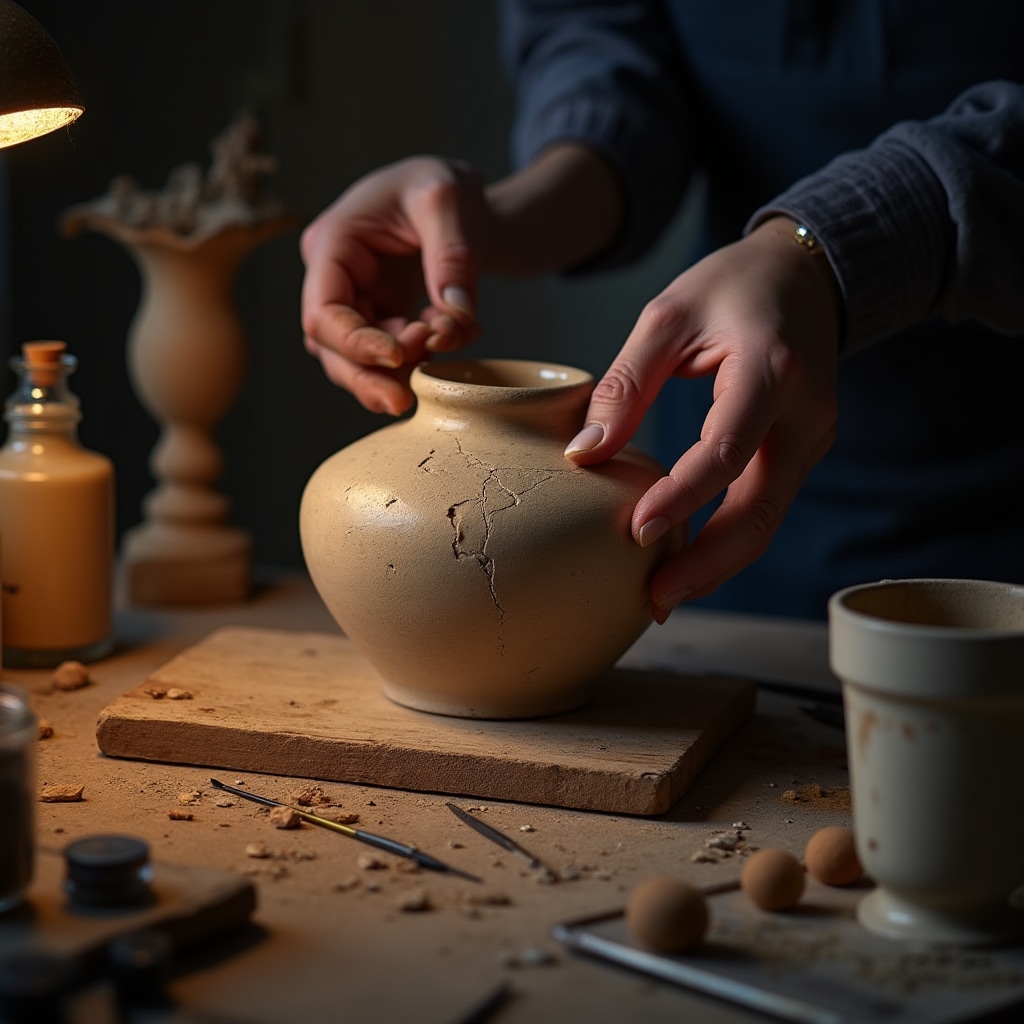 Mani di restauratore che lavorano su un vaso in ceramica antica