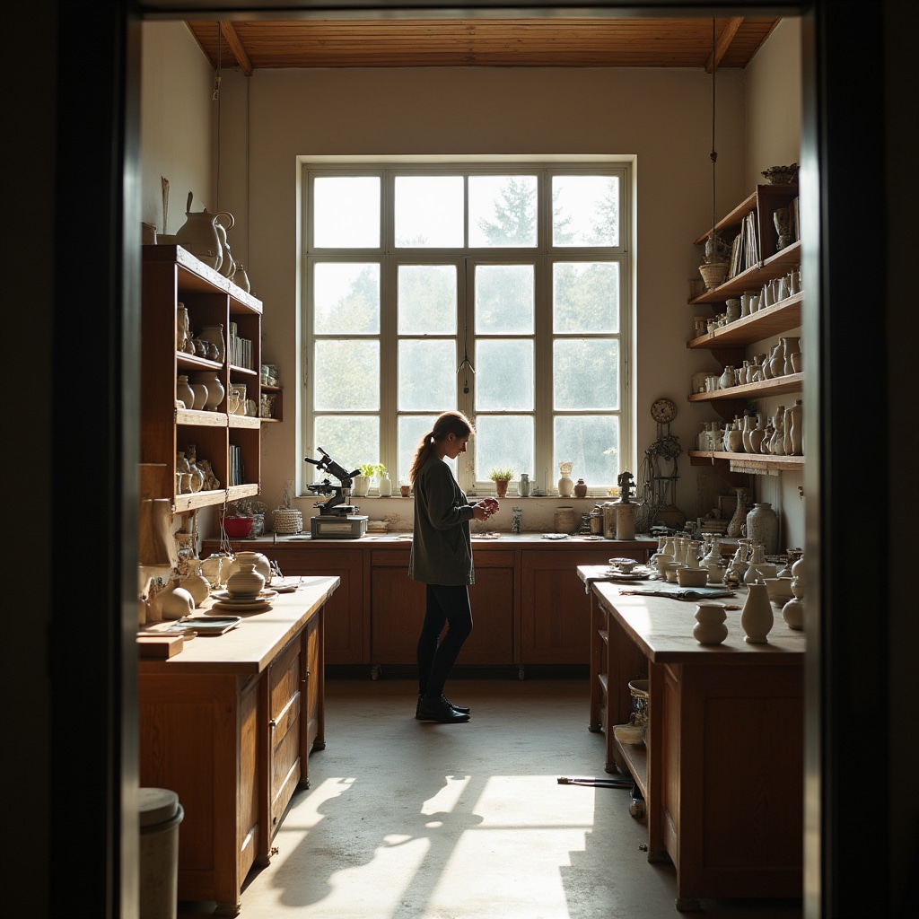 Vista interna del laboratorio di restauro con banco di lavoro, strumenti e oggetti in lavorazione disposti ordinatamente