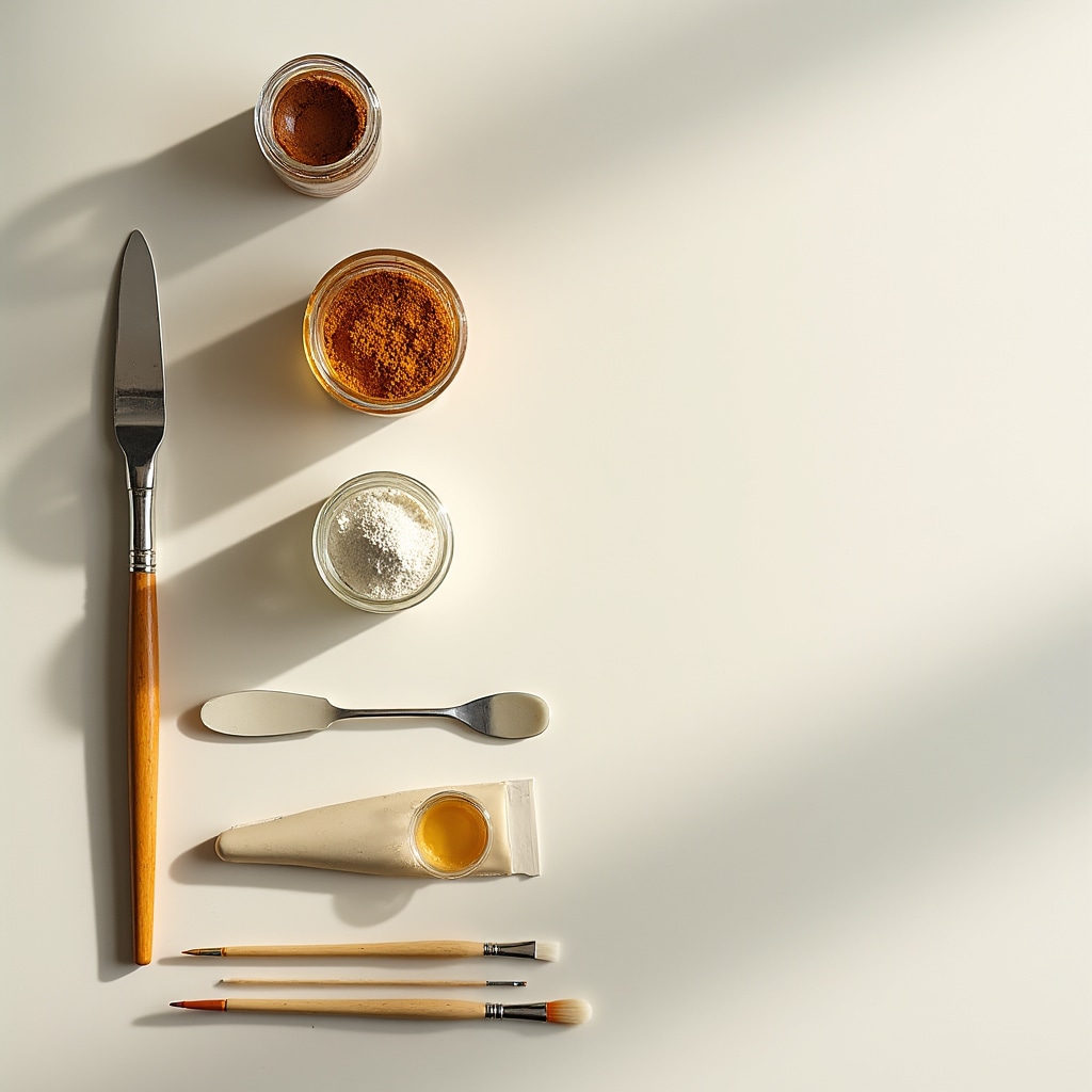 Vasetti di pigmenti, resine e stucchi da restauro disposti ordinatamente su banco di laboratorio