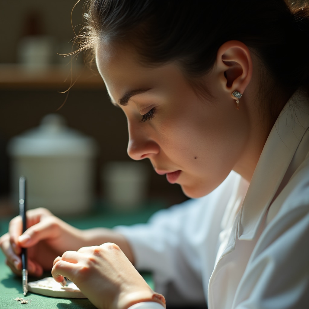 Restauratore che applica consolidante su frammento di porcellana con pennello fine