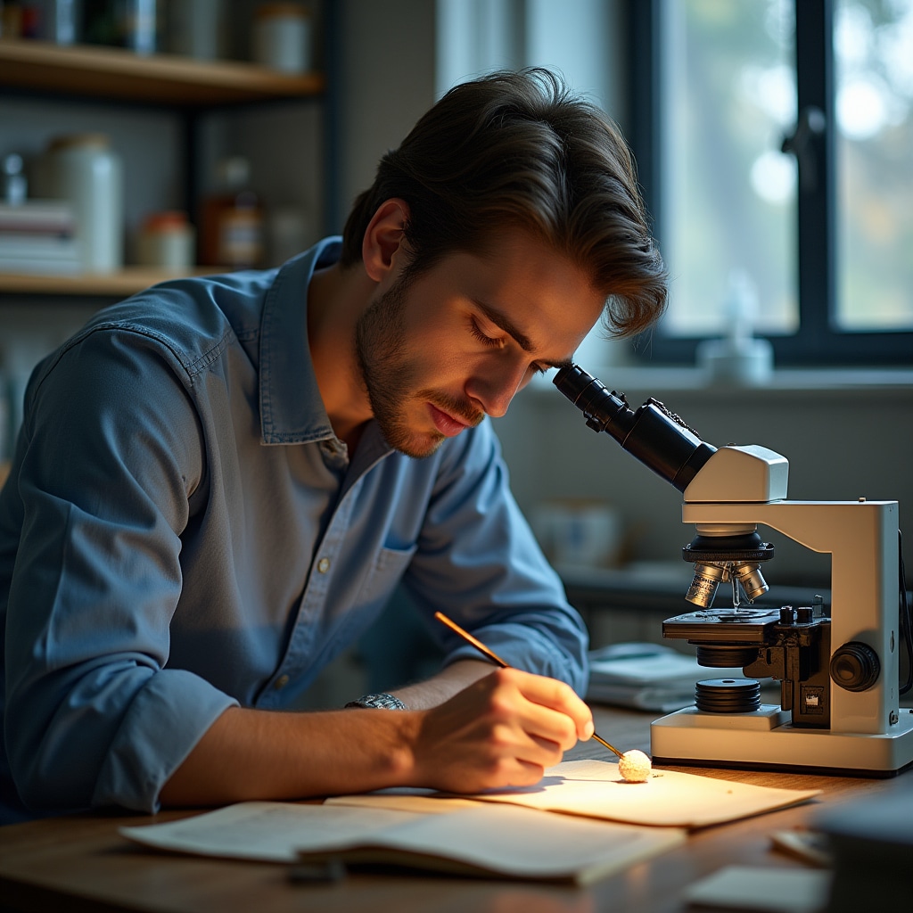 Vista attraverso microscopio binoculare di un restauratore che ritocca una decorazione su porcellana con pennello sottilissimo